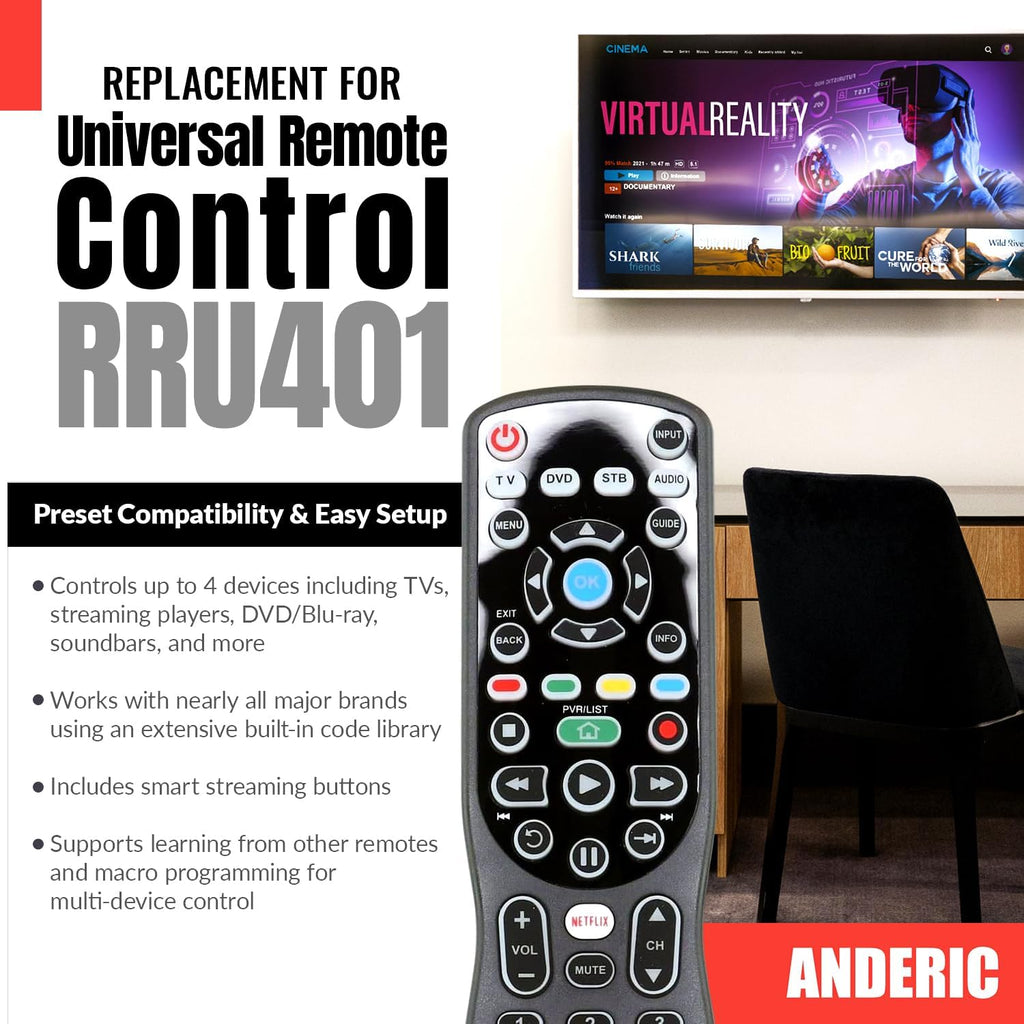 Anderic RRU401.7 4-Device Universal Remote Control with Backlight, Macro and Learning for TV, Cable, Streaming, DVD and more